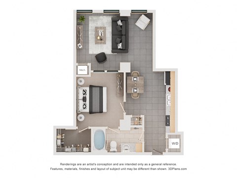 A 3D floor plan of a house with a kitchen, living room, and bathroom.